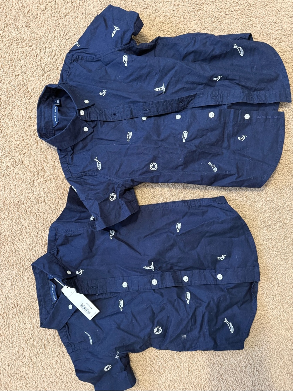 Janie and Jack Navy Short Sleeve Button-Up Shirt with White Embroidery